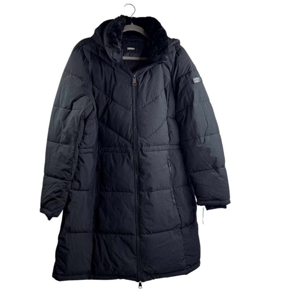 DKNY Women's Long Puffer Jacket Faux Fur Collar Removable Hood Size L Black NWT - Picture 7 of 15
